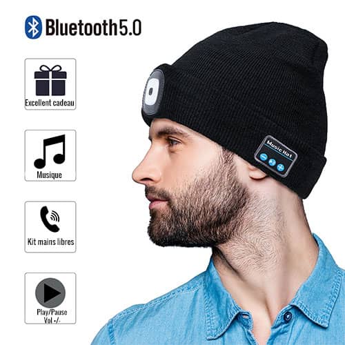 Bonnet de casque sans fil avec lampe frontale, LED, Bluetooth